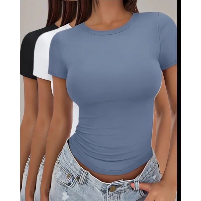 Kit 3 Blusa Feminina Suplex Manga Curta Baby tee – foto na Shopee Brasil