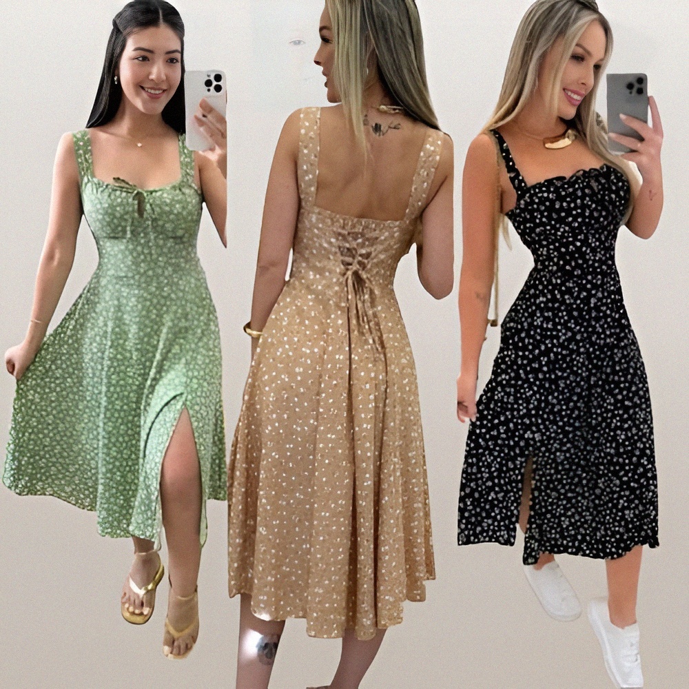 Vestido Feminino Mídi Romântico Estampa Floral |  Fenda lateral Laço no Busto | Tendencia Moda – foto na Shopee Brasil
