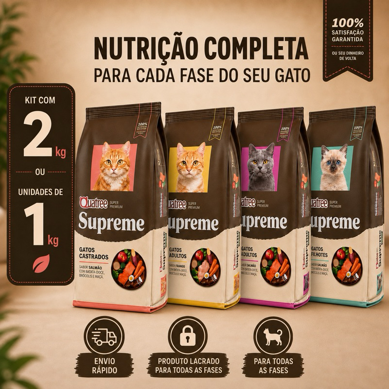 Kit com 2 Ração Gatos Quatree Supreme  Ração Gatos Castrados ,Adultos e Filhotes 1kg e 2kg Super Premium  Nova Formula – foto na Shopee Brasil