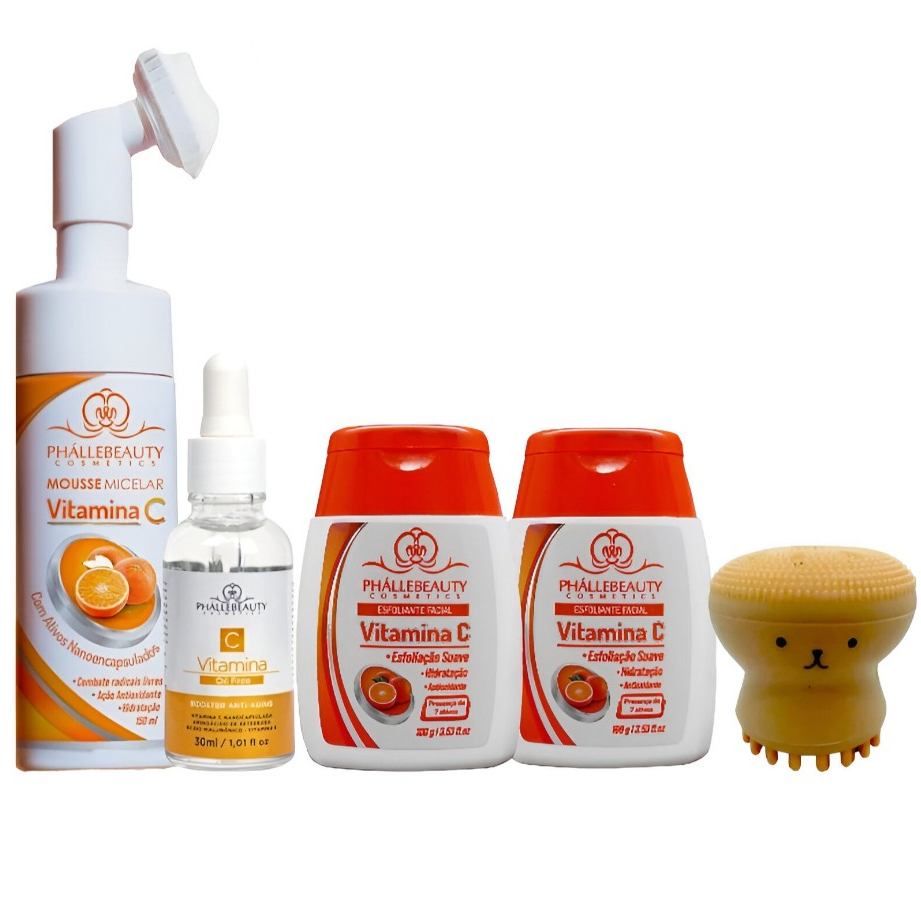 Kit Com Mousse vitamina c + Sérum vitamina c + Sabonete vitamina c + Esfoliante facial vitamina c + Esponja polvo – foto na Shopee Brasil