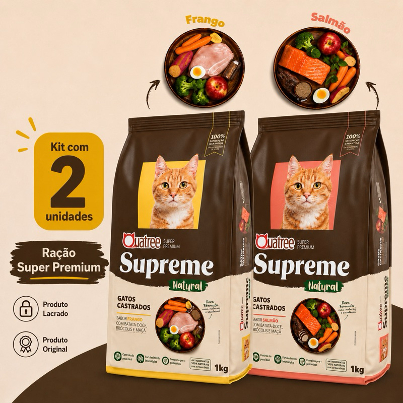 Kit com 2 Ração para Gatos Quatree Supreme Ração Gatos Castrados 1kg  Controle de Pelo Nova Formula – foto na Shopee Brasil