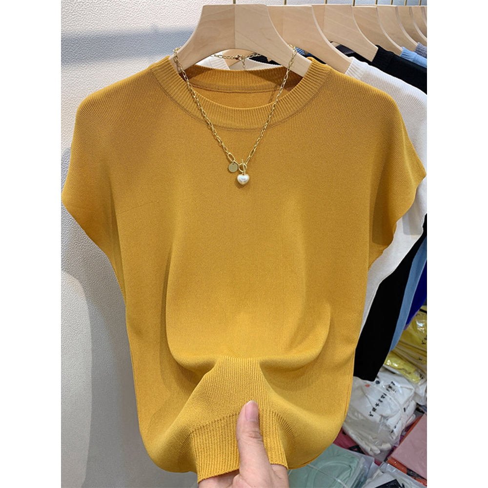 Camiseta de manga curta Camiseta de manga curta feminina Novo Estilo Camiseta de Seda de Verão Fina e Fina Camiseta de Verão Fina e Fina com aspecto mais fino Camiseta de Pescoço Redondo – foto na Shopee Brasil
