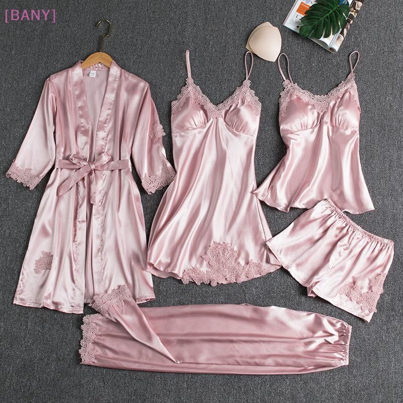 [BANY] 5 Peças Roupão De Seda Roupa De Dormir Feminina Renda Sa Pijama Vestido Conjunto Com Decote Em V Cami Camisola Us – foto na Shopee Brasil