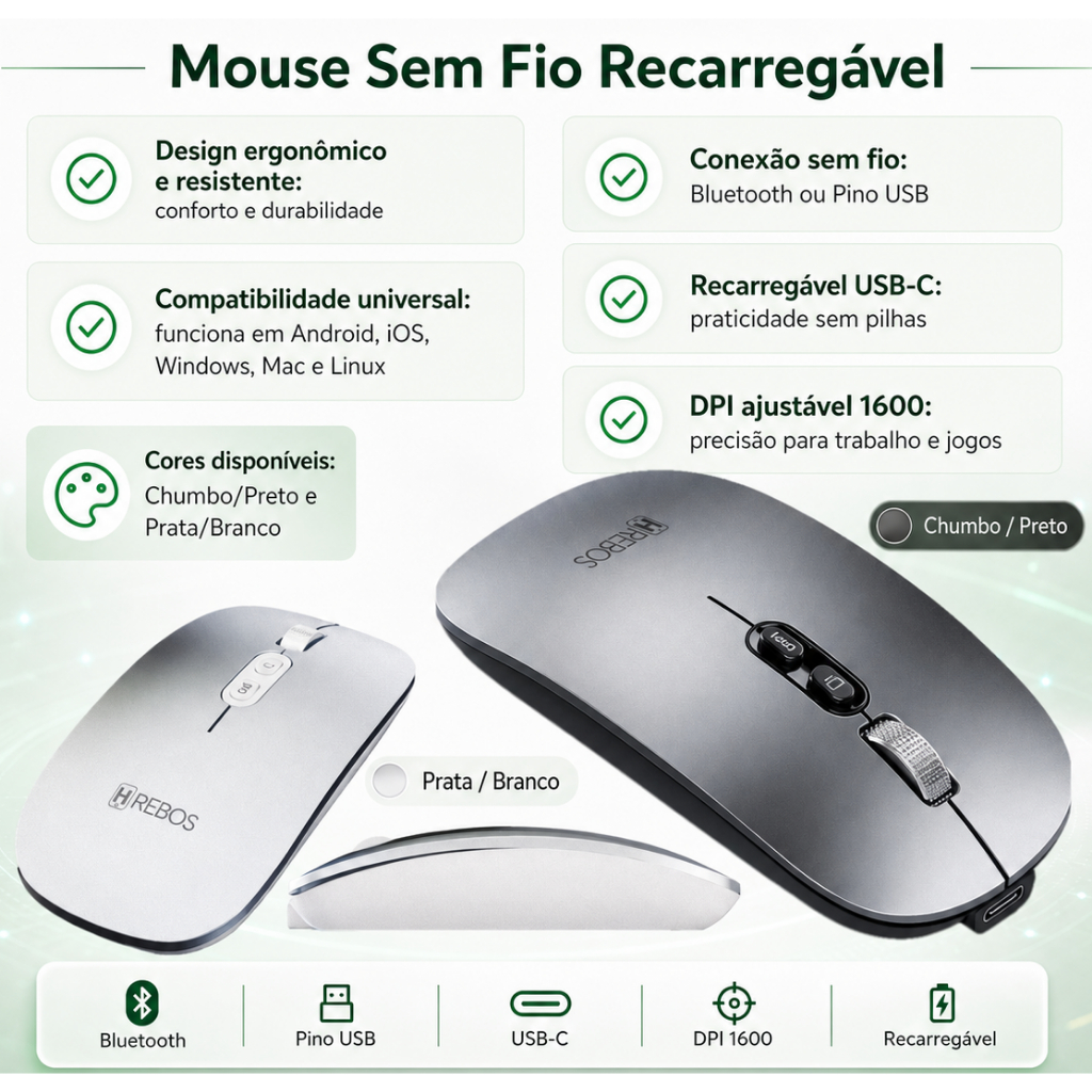 Mouse Sem Fio Recarregável Bluetooth e Pino USB DPI Ajustável Ergonômico Compacto – foto na Shopee Brasil