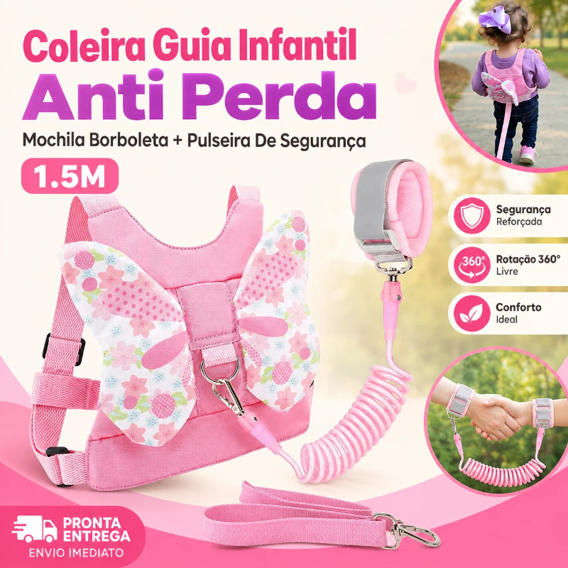 Coleira Guia Infantil Anti Perda Mochila Borboleta Pulseira De Segurança Menina Bebe 1.5m – foto na Shopee Brasil