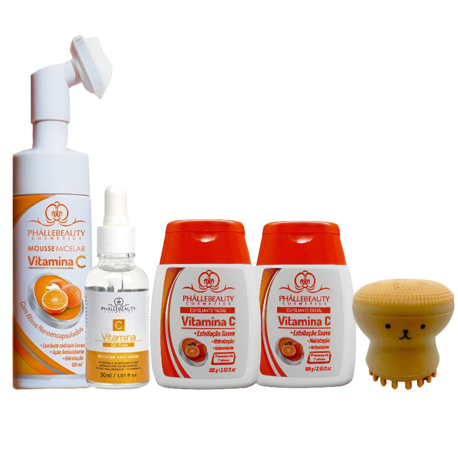 Kit Com o Mousse vitamina c + Sérum vitamina c + Sabonete vitamina c + Esfoliante facial vitamina c + Esponja polvo – foto na Shopee Brasil
