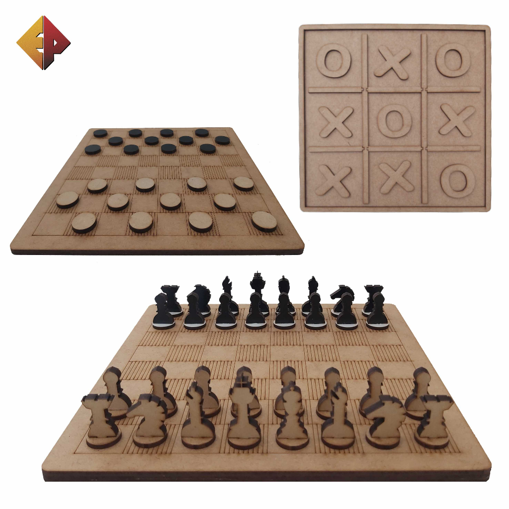 Kit 3 Jogos de Tabuleiro Xadrez + Dama + Jogo da Velha em MDF com Caixa Organizadora - Jogos Educativos, Jogo da Velha, Xadrez, Damas, Infantil, Jogos, Caixa MDF, Organizadora. – foto na Shopee Brasil