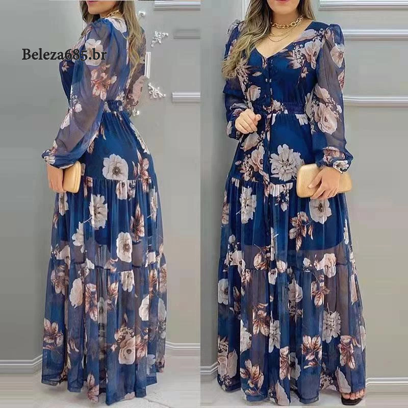 2022 Novo Vestido Chiffon de Pescoço em V Impresso Longo Estilo Chiffon Vestido longo Vestido feminino Vestido plus size Vestido longo plus size Vestido plu size feminino – foto na Shopee Brasil