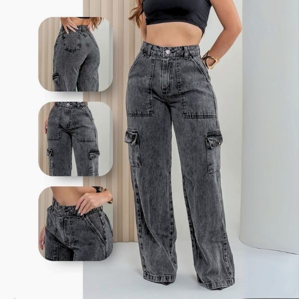 Calça Cargo Feminina Jeans Bolso Lateral Wid Leg 34 ao 44 Pantalona Cintura Alta – foto na Shopee Brasil
