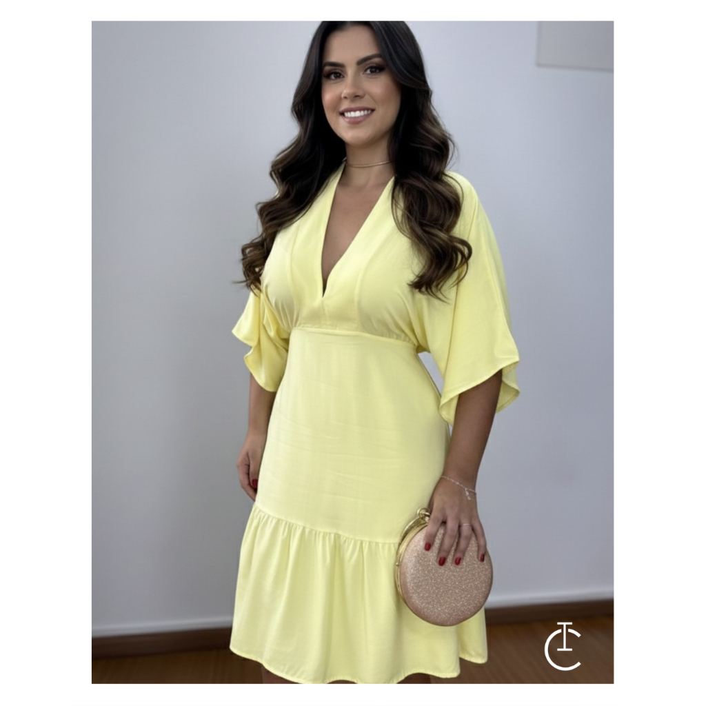 vestido feminino, vestido curto, vestido em sarja, vestido manga flare, vestido elegante, vestido casual, vestido festa – foto na Shopee Brasil