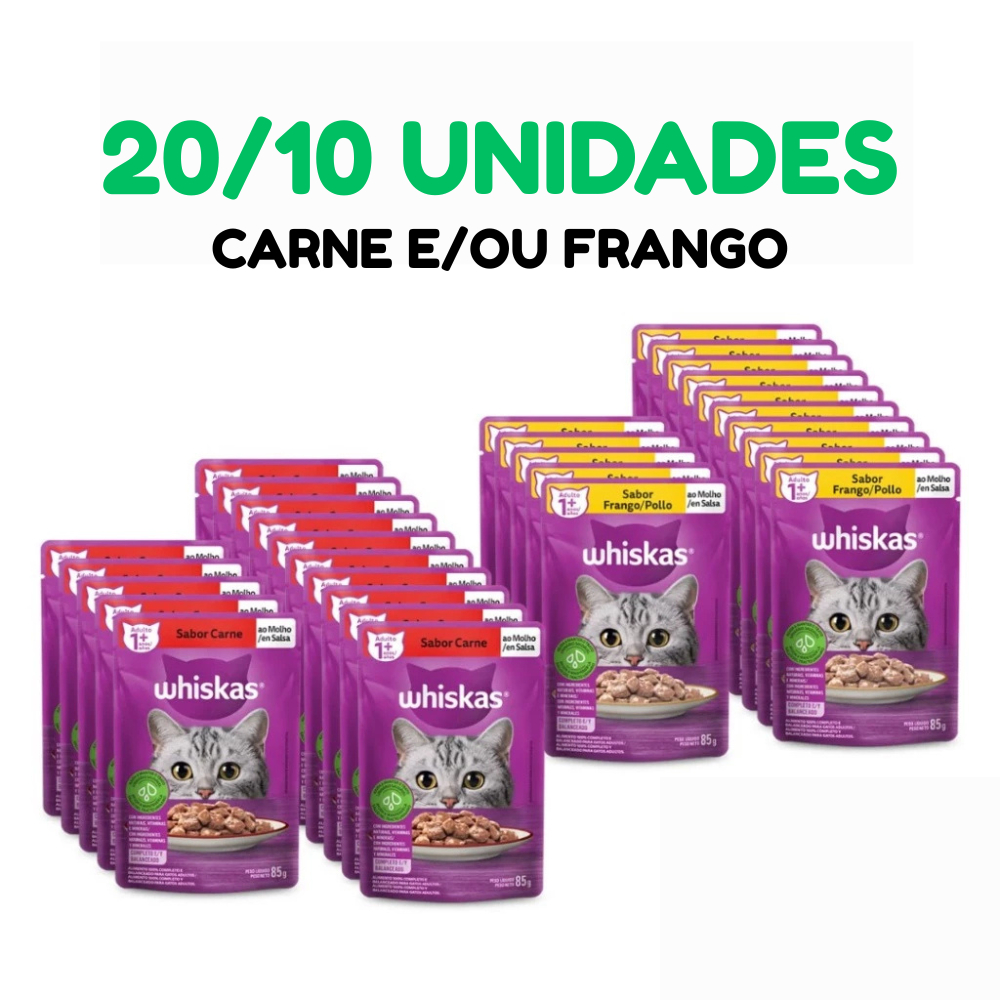Sache Whiskas Kit 20/10 Unidades Ração Úmida Para Gatos Sabor Carne ou Frango 85g – foto na Shopee Brasil