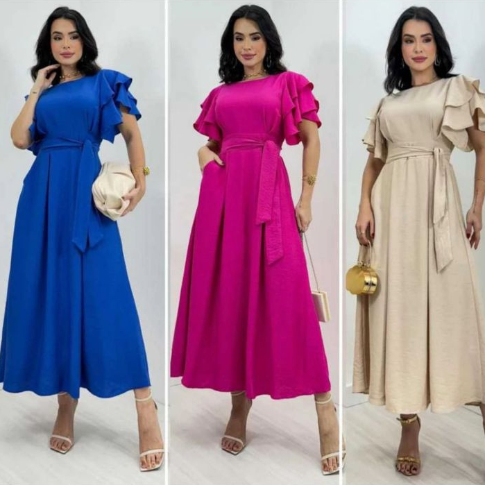 Vestido Feminino Manga Babado Detalhe Lastex na Costa Estilosa e confortável Tecido Duna não Amasa – foto na Shopee Brasil