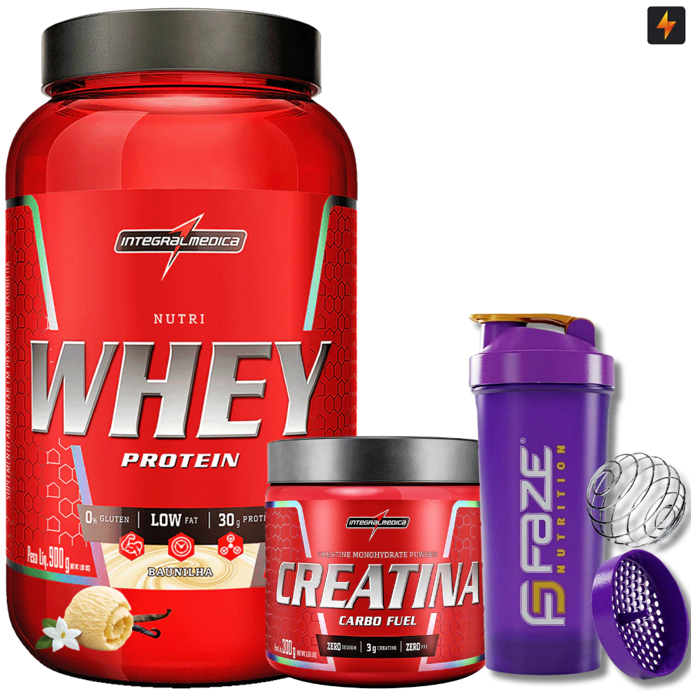 Kit Nutri Whey Pote 900g + Creatina CarboFuel 300g + Coqueteleira – foto na Shopee Brasil