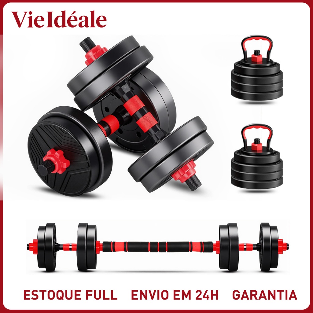 Kit 6 Em 1 Musculação 15kg Halteres Anilhas Barras Kettlebell Ajustáveis Academia Treino em Casa – foto na Shopee Brasil