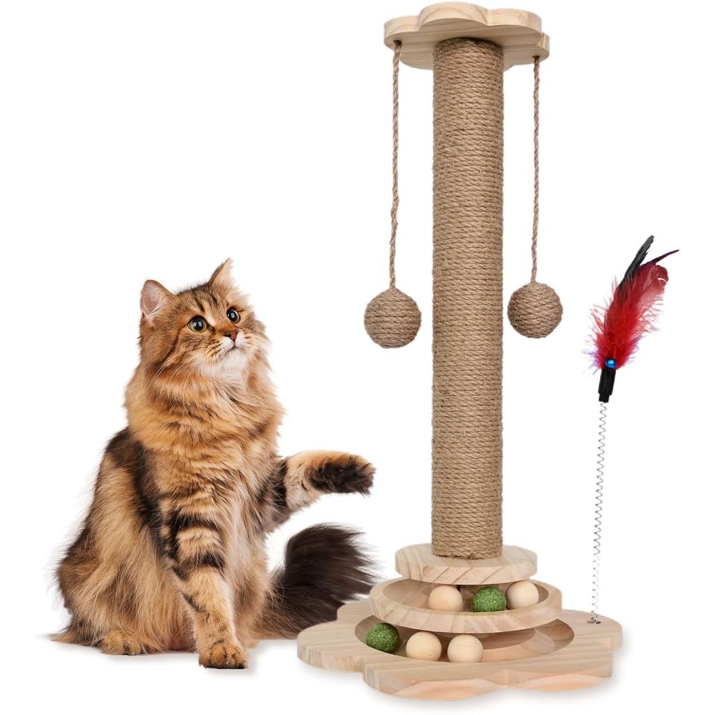 Arranhador para Gatos - Arranhador 4 em 1, Arranhador de Madeira com 2 Níveis de Bolas de Sisal e 2 Bolas de Sisal Pendu – foto na Shopee Brasil