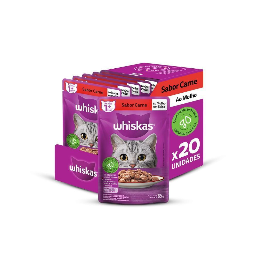 Ração Úmida Whiskas Sachê Carne ao Molho para Gatos Adultos - 20 Sachês de 85g – foto na Shopee Brasil