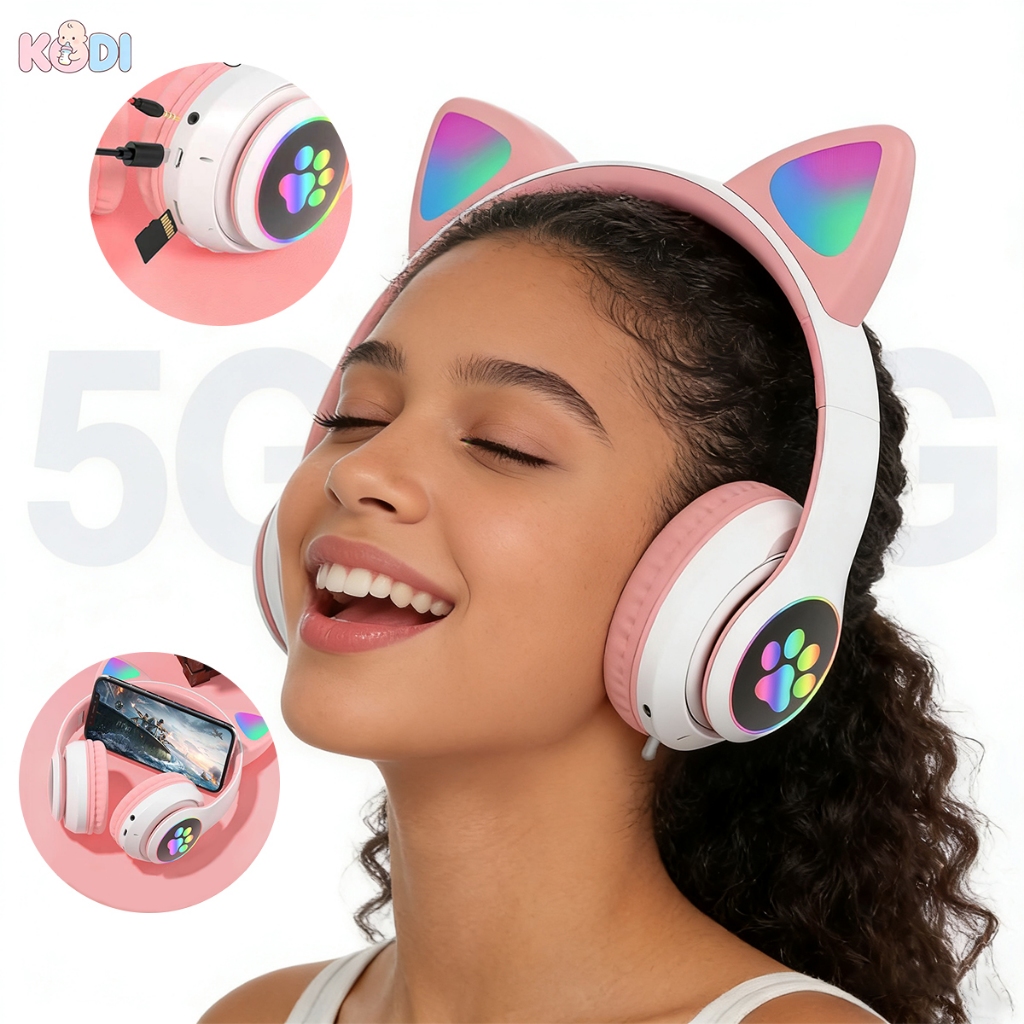 Fone Bluetooth com orelhas de gato LED/Fone Bluetooth de cabeça/Fone de ouvido Bluetooth 5.0 sobre a orelha 350mAh--X4 – foto na Shopee Brasil