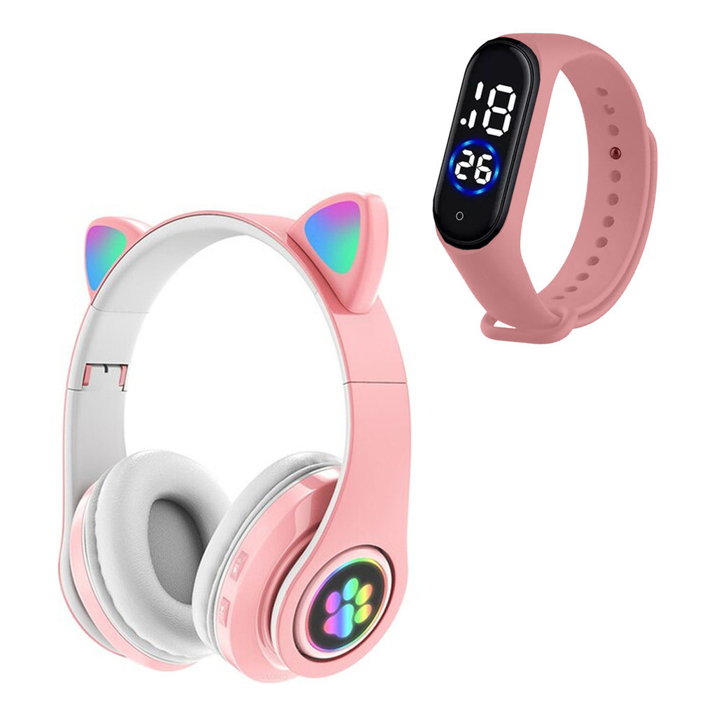 Fone Ouvido Fone Gatinho Fone Bluetooth Crianças + Relógio Led Sport Fone Gamer Fone sem Fio Com Led – foto na Shopee Brasil