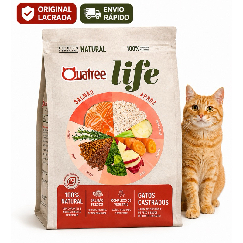 Ração Gato Quatree Life Salmão e Arroz Ração Gato Castrados Adultos 1kg Ração Quatree gatos castrados – foto na Shopee Brasil